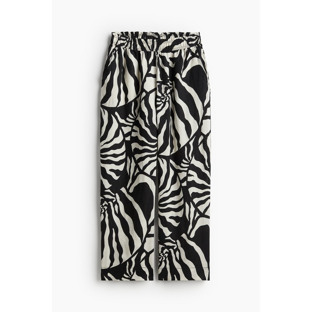 HM Premium Selection Natural Linen Wide Leg Pants Black White Swirl Shell M